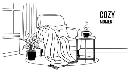 Cozy Moment with Warm Tea and Wool Blanket in Minimalist Interior, Wellness and Slow Living Concept