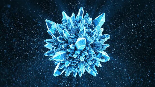 Slow motion dissolution and immediate reconstruction of fine blue glowing particle dust transforming into complex crystalline digital structures hi-tech, reformation, modern