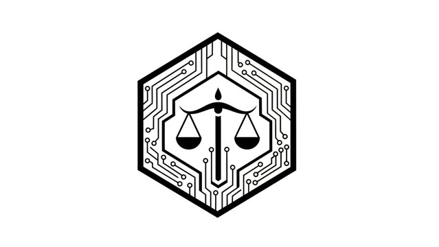 Hexagonal Logo with Scales of Justice and Circuit Board Elements