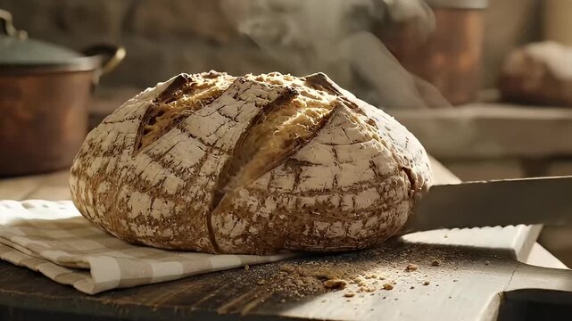 Cutting freshly baked bread loaf on wooden board close up