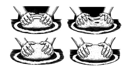 Macro of Hands Kneading Sourdough Bread on Flour-Covered Table, Sensory Cooking and Slow Living Concept