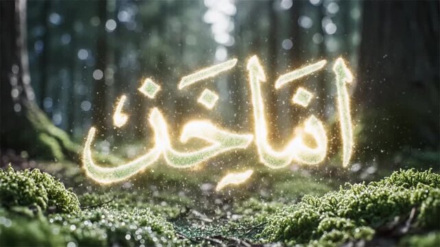 Ethereal Green Arabic Script Animation Emerges from Particle Dust on Enchanted Forest Floor