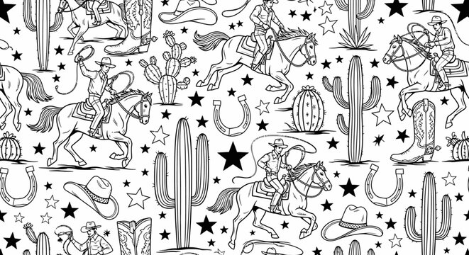 Hand Drawn Western Cowboy Culture Seamless Pattern with Riders, Cacti, and Stars on Isolated White Background