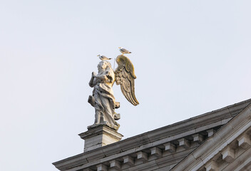 Naklejka premium Venice, Italy - February 07, 2026: Statue of an angel with golden wings atop a building, seagulls perched on the sculpture against a clear sky