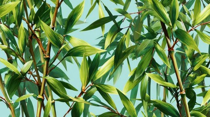 Fototapeta premium Close up of bamboo plants with vibrant green leaves and light blue background