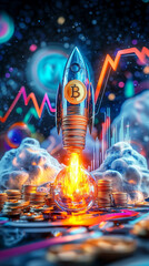 Shiny rocket with cryptocurrency symbol launches from fiery globe surrounded by stacks of coins and colorful financial charts in futuristic space setting
