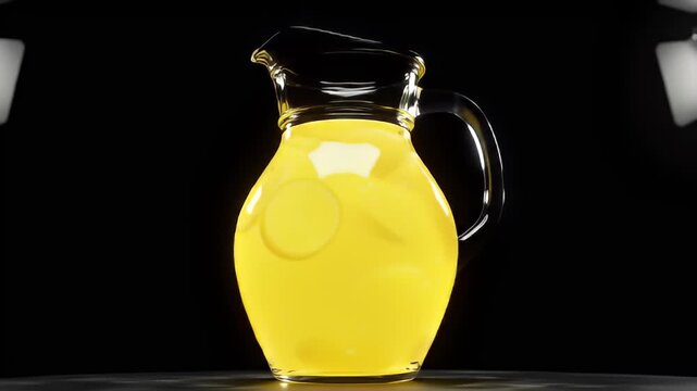 Glass pitcher filled with vibrant yellow liquid, standing on a reflective surface