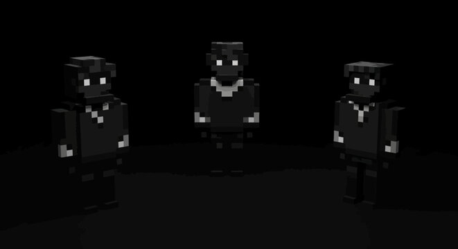 Three Dark Blocky Pixelated Robot Figures Standing in a Mysterious Pose on Black Background.