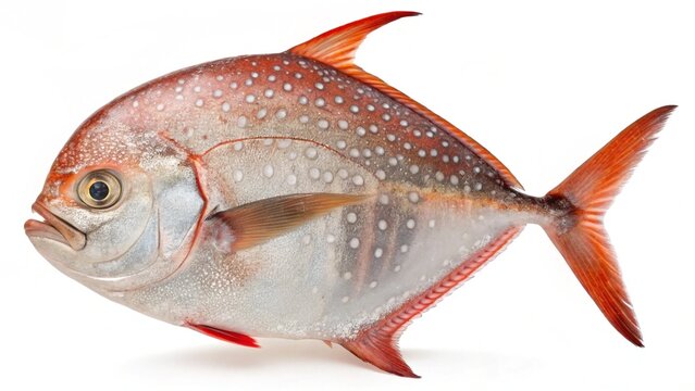 Studio portrait of a vibrant Opah (moonfish) with silvery-red spotted skin and bright crimson fins, isolated on a clean white background.