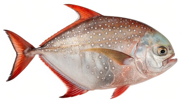 Studio portrait of a vibrant Opah (moonfish) with silvery-red spotted skin and bright crimson fins, isolated on a clean white background.