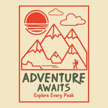 Adventure Awaits. Adventure outdoors mountain graphic, sunset mountain art. Vintage design with mountains. Adventure vintage print design for t shirt and others. Hiking T Shirt Design Vector.
