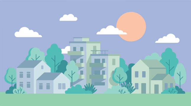Minimalist flat design urban landscape with residential buildings and nature