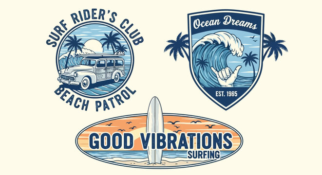 Vintage Surf Rider's Club and Ocean Dreams Surfing Badges with Woody Van on isolated white background.
