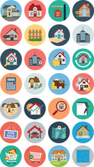 A flat vector illustration of a business and travel transportation icon set featuring car symbols and web buttons for internet design