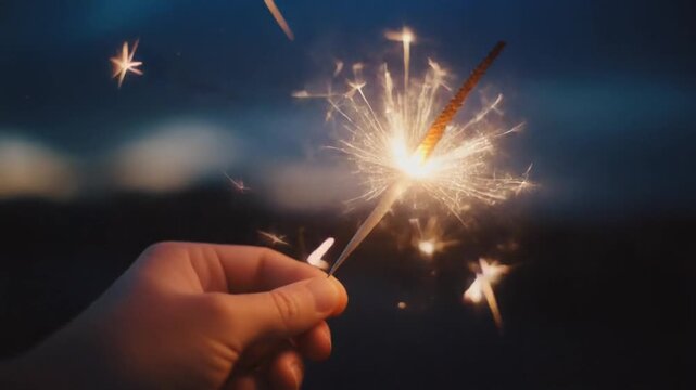 Hand Holding Sparkler on Dark Background with Night Sky