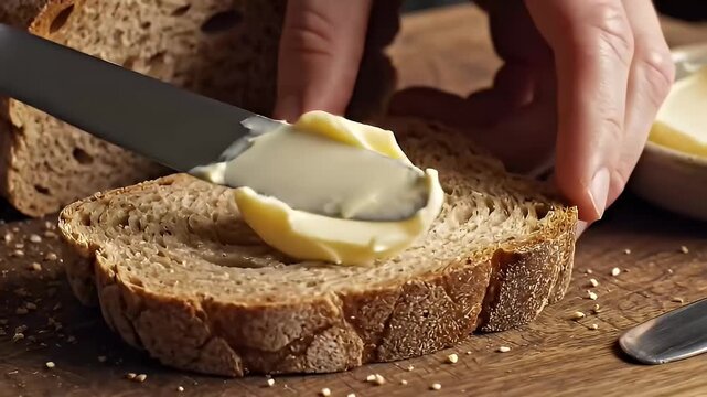 Applying butter to freshly sliced bread on wooden surface close up