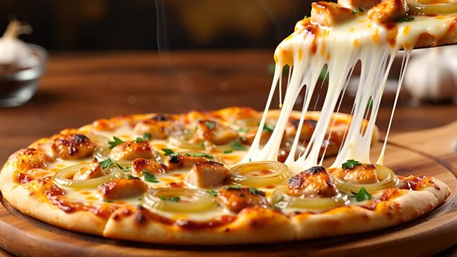 BBQ Chicken Pizza with Caramelized Onions &ndash; Slice Being Lifted with Melted Cheese Stretch