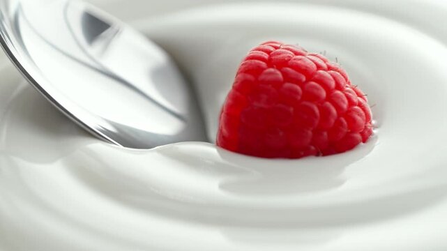 Raspberry Scooped with Silver Spoon from Creamy Thick Yogurt in Macro and Slow Motion