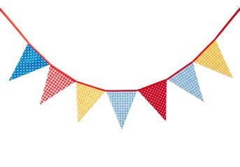 Obraz premium vibrant triangular fabric bunting flags (polka dot, gingham patterns) on a glossy red ribbon, meticulously suspended against a seamless transparent studio background. commercial celebration concept