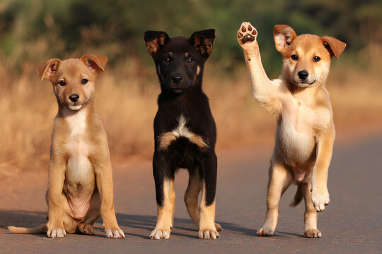 Three adorable yellow lab puppies sitting by a rural road, one playfully waving. Blurry natural background and distant misty road create a soft, heartwarming scene.