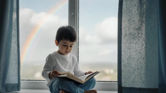 Young boy sits on a windowsill reading a book, rainbow visible outside on cloudy day