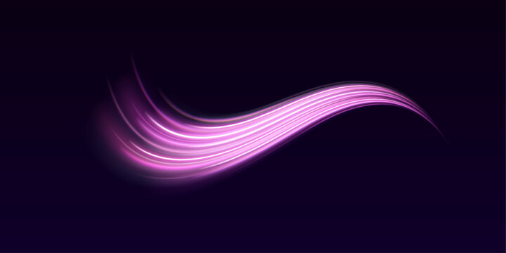 Glowing neon stripes in purple flow in a PNG layer. Curved light paths create a futuristic energy track. Ideal overlay for cyberpunk and sci-fi art.