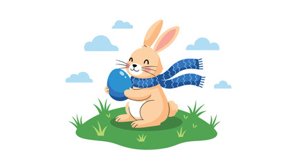 Obraz premium Adorable bunny character holding a large blue easter egg while standing on a green hill with clouds in the sky.