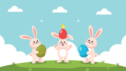 Obraz premium Three cute pink bunnies holding large colorful easter eggs on a grassy field under a sunny blue sky with soft white clouds for decor.