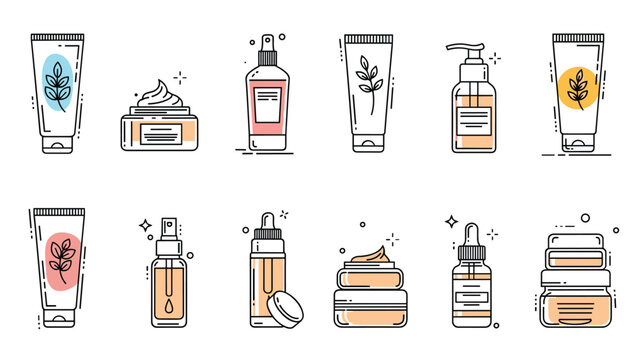 Collection of assorted cosmetic containers including tubes bottles and jars for beauty and personal care product lineups and ads.