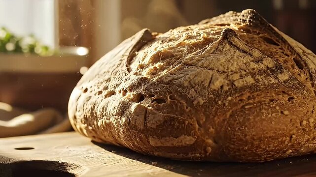 Freshly baked bread loaf on a wooden cutting board with natural sunlight