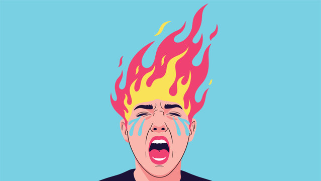Portrait of person screaming in anger and frustration with head on fire and tears falling down face isolated on bright blue background.