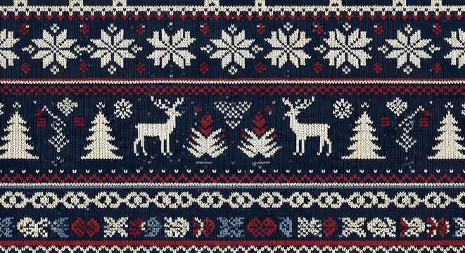 Traditional norwegian knit pattern with reindeer snowflakes and christmas trees in red white and blue colors
