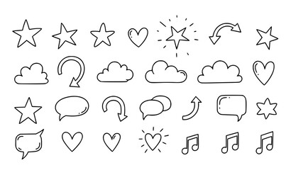 Cute hand drawn doodle symbols pack stars hearts clouds arrows music set