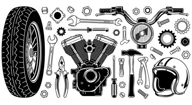 Motorcycle parts and tools laid out for repair or assembly on a white background with various components and accessories
