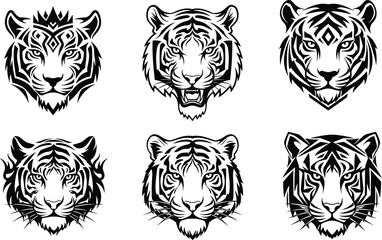 Obraz premium Set of six black and white tiger head illustrations in tribal line art style vector mascot logos isolated on white background high resolution graphic