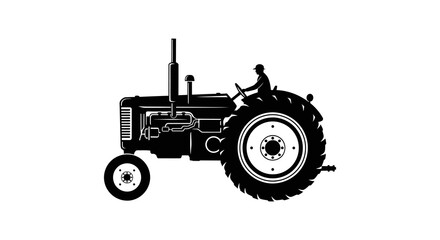 Obraz premium Black and white silhouette of a vintage tractor with a driver
