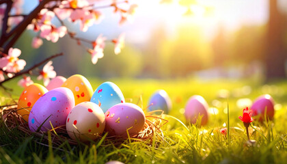 Vibrant easter eggs nestled in a natural bird's nest on lush green grass beneath blossoming cherry branches, bathed in warm spring sunlight, symbolizing renewal and joyous celebration.