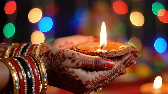 Diwali festival woman hands holding diya lamp glowing lights indian celebration navratri durga puja spiritual traditional festive animated background