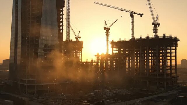 Construction site demolition at sunset with cranes and debris
