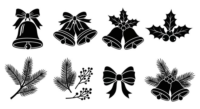 Black and white illustration of christmas bells holly and pine branches