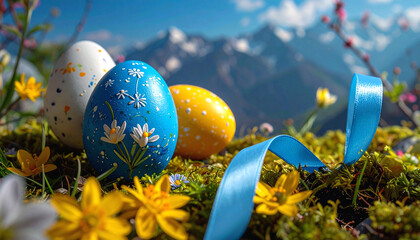 Beautifully decorated easter eggs sit on vibrant moss with spring flowers and a blue ribbon, set against majestic snow-capped mountains. this serene scene celebrates the easter holiday.