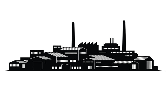 Black and white silhouette graphic representing a large complex industrial factory building skyline view