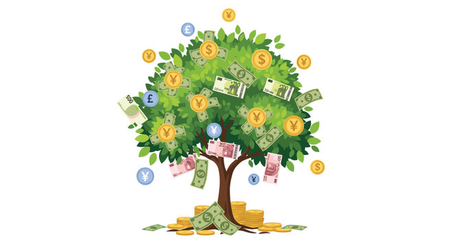 A vibrant green money tree grows and sheds various international currency banknotes and coins, with more coins piled at its base.
