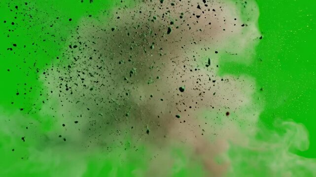 Slow motion floating particles of vibrant green and dark sepia brown dust gently rising and dissolving on a chroma key green background utility clip smooth, isolation, texture effect
