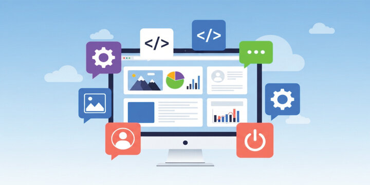 Web Development and Programming Technology Concept with Coding Icons, Analytics Dashboard, UI Design Elements, Cloud Computing and Software Engineering Workflow Illustration