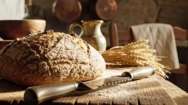 Artisanal bread loaf on wooden surface with kitchen utensils sunlight and rustic elements