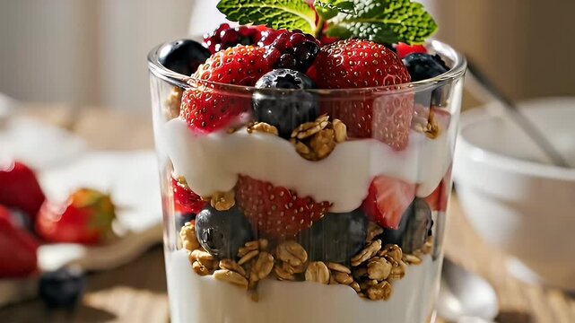 Breakfast parfait with granola berries and yogurt in glass