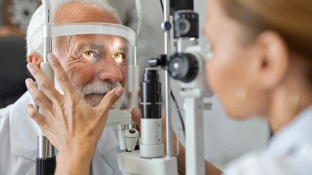 Senior man undergoing eye examination with slit lamp at ophthalmology clinic