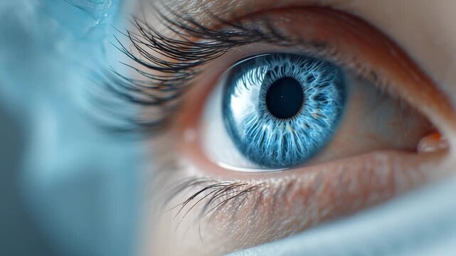 Extreme macro close up of blue human eye with detailed iris texture and long eyelashes