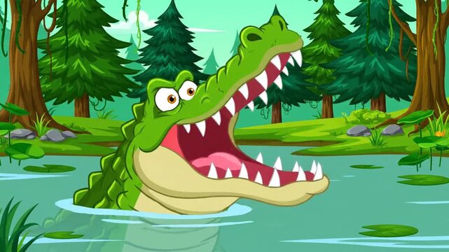Cartoon Alligator Emerging from Swamp Water.